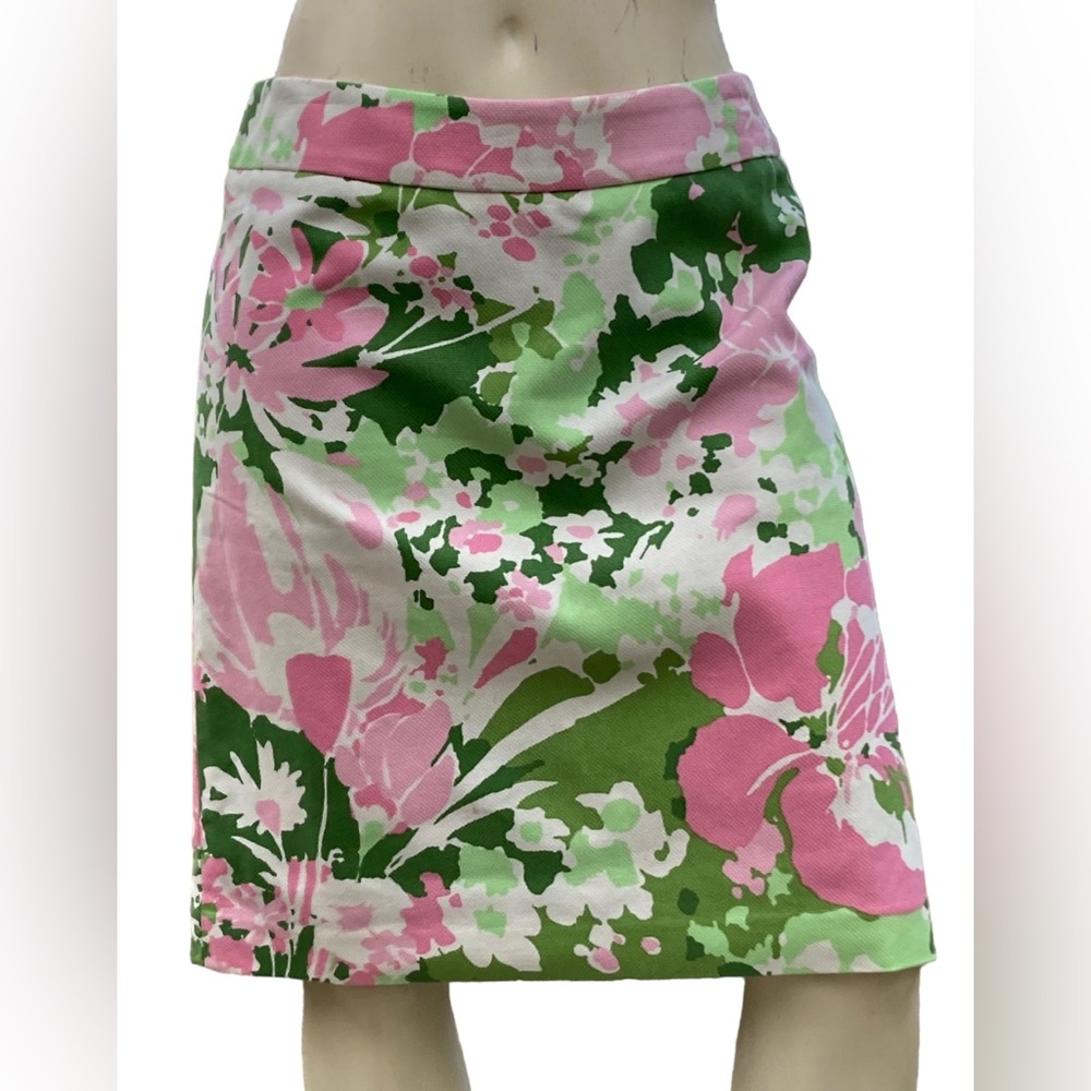 TALBOTS Multicolor Pink, Green & White Floral Canvas A-Line Midi Length Skirt, 8